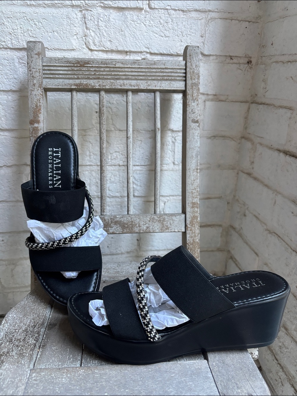 Italian Shoemakers Black and Silver Slide// Wedges Like New in Box Sz 8